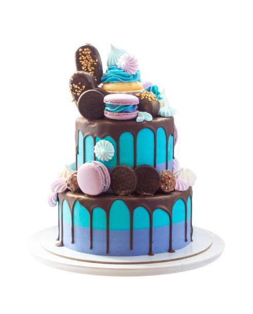 layered blue cake on cake stand